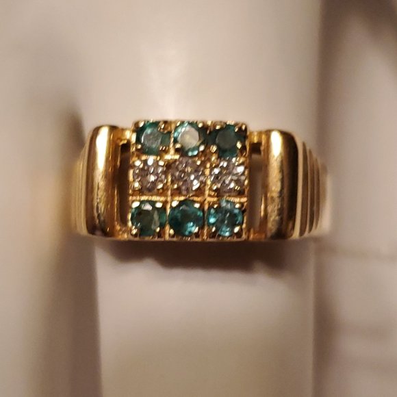 14K YELLOW GOLD UNISEX BEAUTIFUL DIAMOND & EMERALD RING - Picture 5 of 9